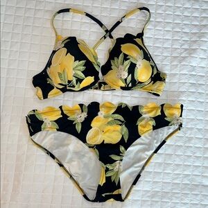 Shade & Shore Lemon Print Black and Yellow Bikini Set